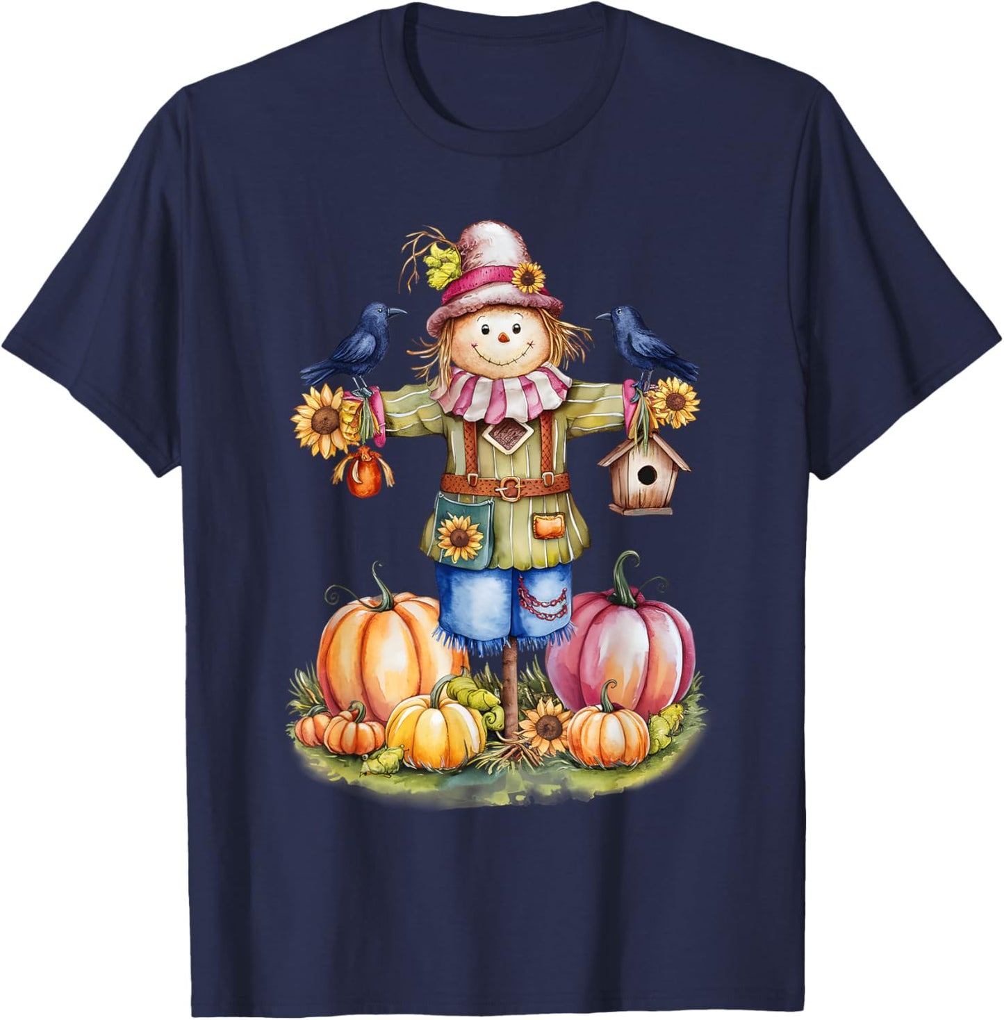 Scarecrow In Pumpkin Garden Hello Fall Autumn Falling Leaves T-Shirt - T-Shirt | Navy