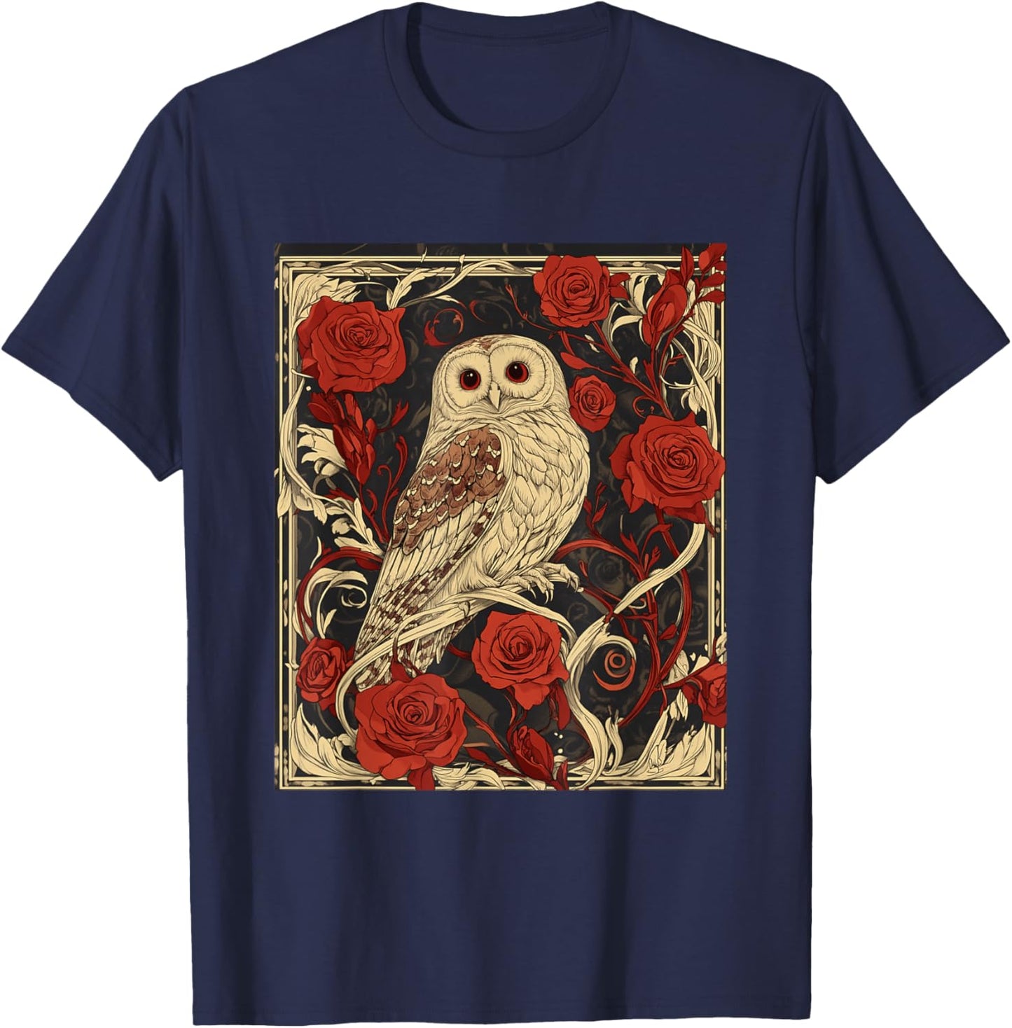 Art Nouveau Aesthetic Owl Roses Garden T-Shirt - T-Shirt | Navy