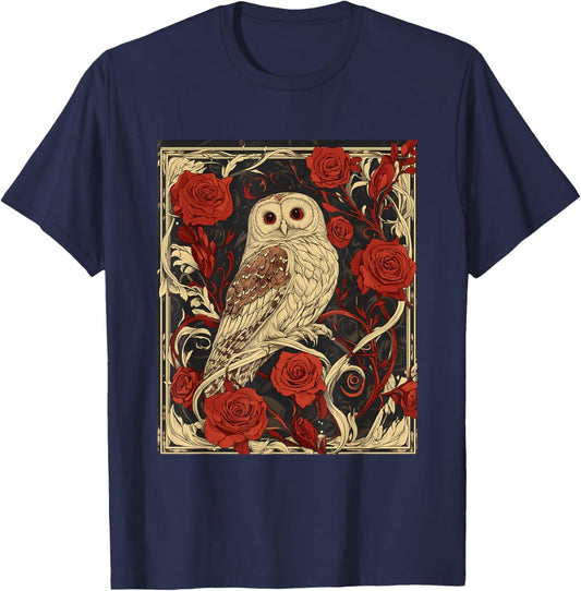 Art Nouveau Aesthetic Owl Roses Garden T-Shirt - T-Shirt | Navy