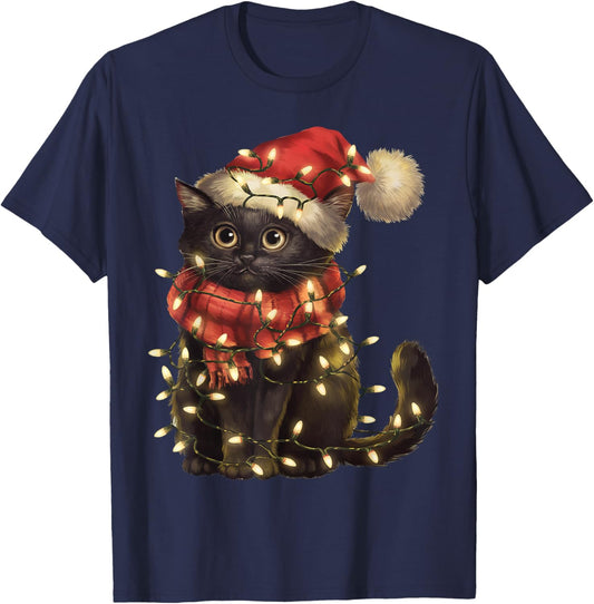 Black Cat Christmas Tree Lights Funny Xmas Men Women Family T-Shirt - T-Shirt | Navy