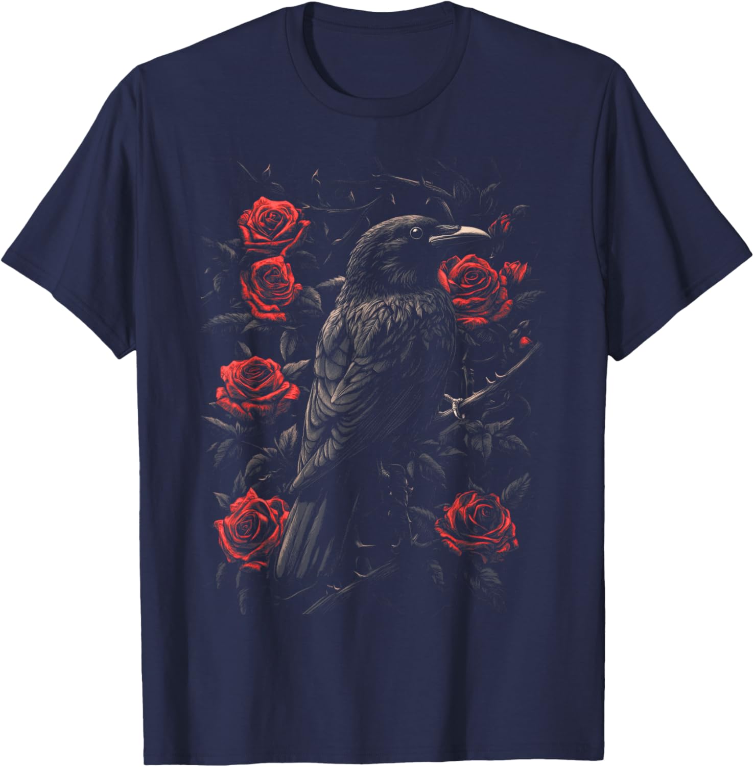 Raven Bird Gothic Kids Crow Roses Nature Floral T-Shirt - T-Shirt | Navy