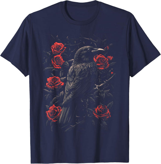 Raven Bird Gothic Kids Crow Roses Nature Floral T-Shirt - T-Shirt | Navy