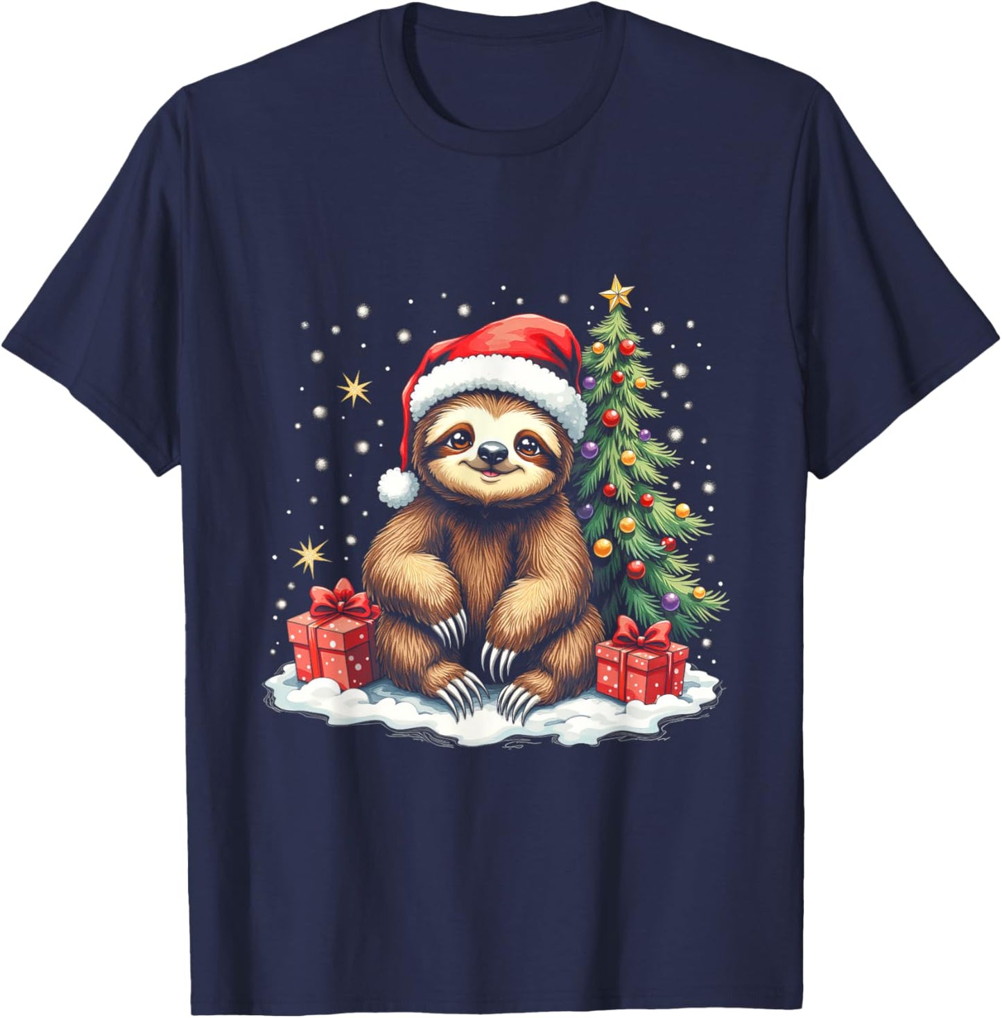 Cute Sloth with Santa Hat and Snowflakes Holiday Christmas T-Shirt - T-Shirt | Navy