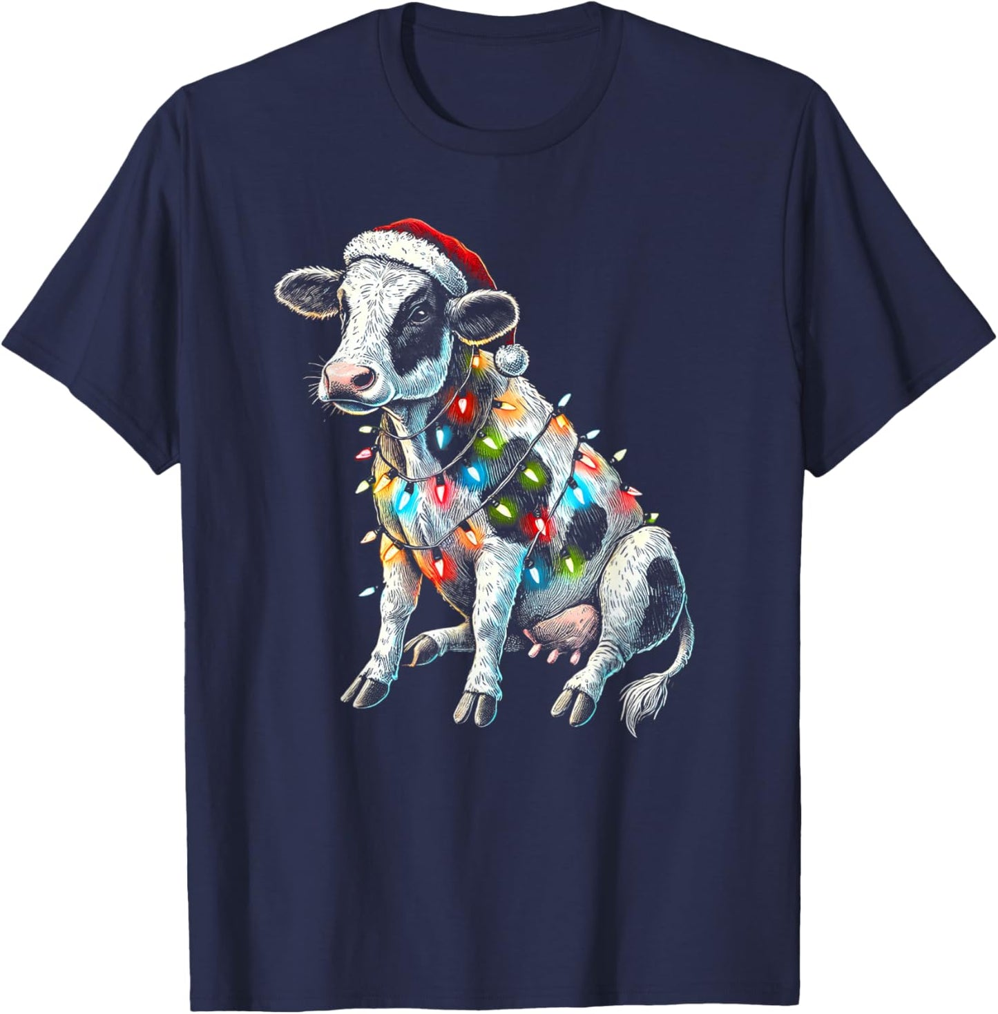 Funny Cow Farmer Small Holding Santa Hat Christmas Lights T-Shirt - T-Shirt | Navy