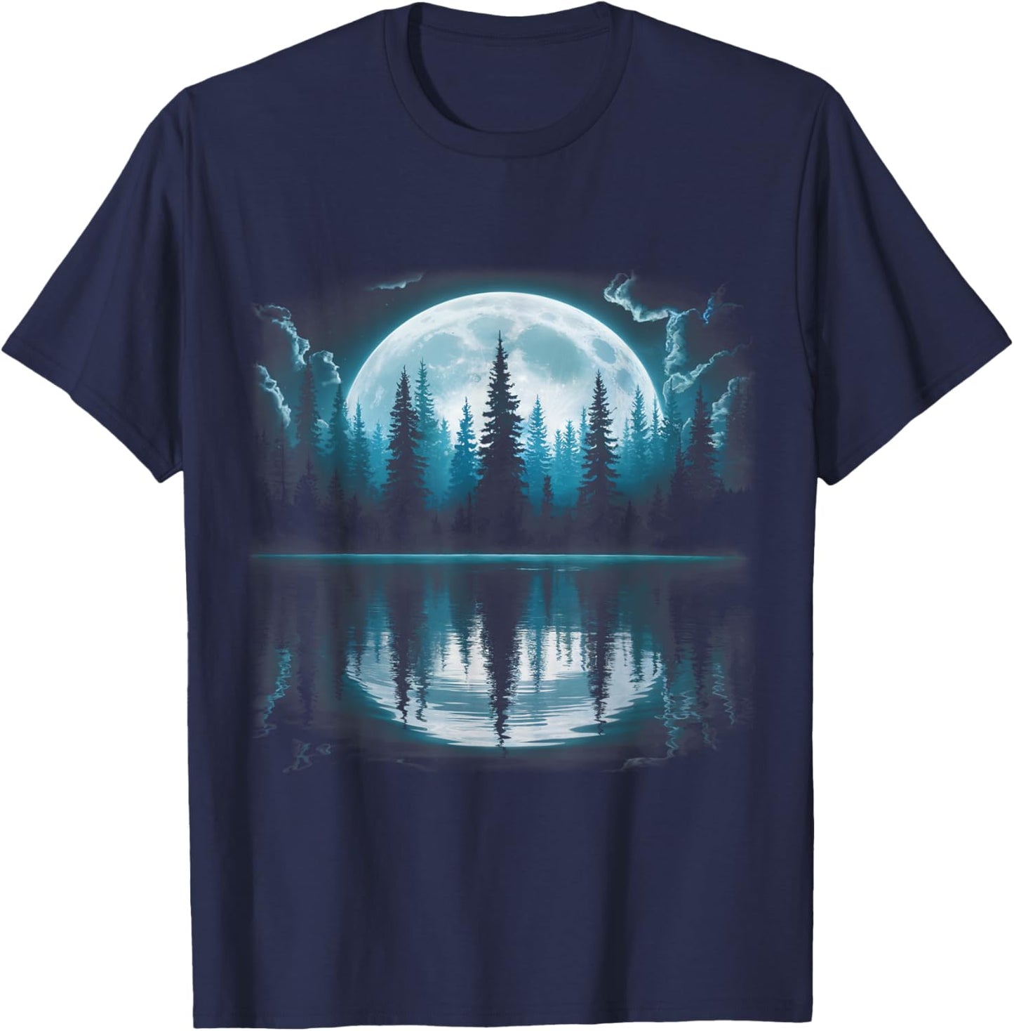 Full Moon Forest Trees Reflection Nature Outdoor Night Art T-Shirt - T-Shirt | Navy