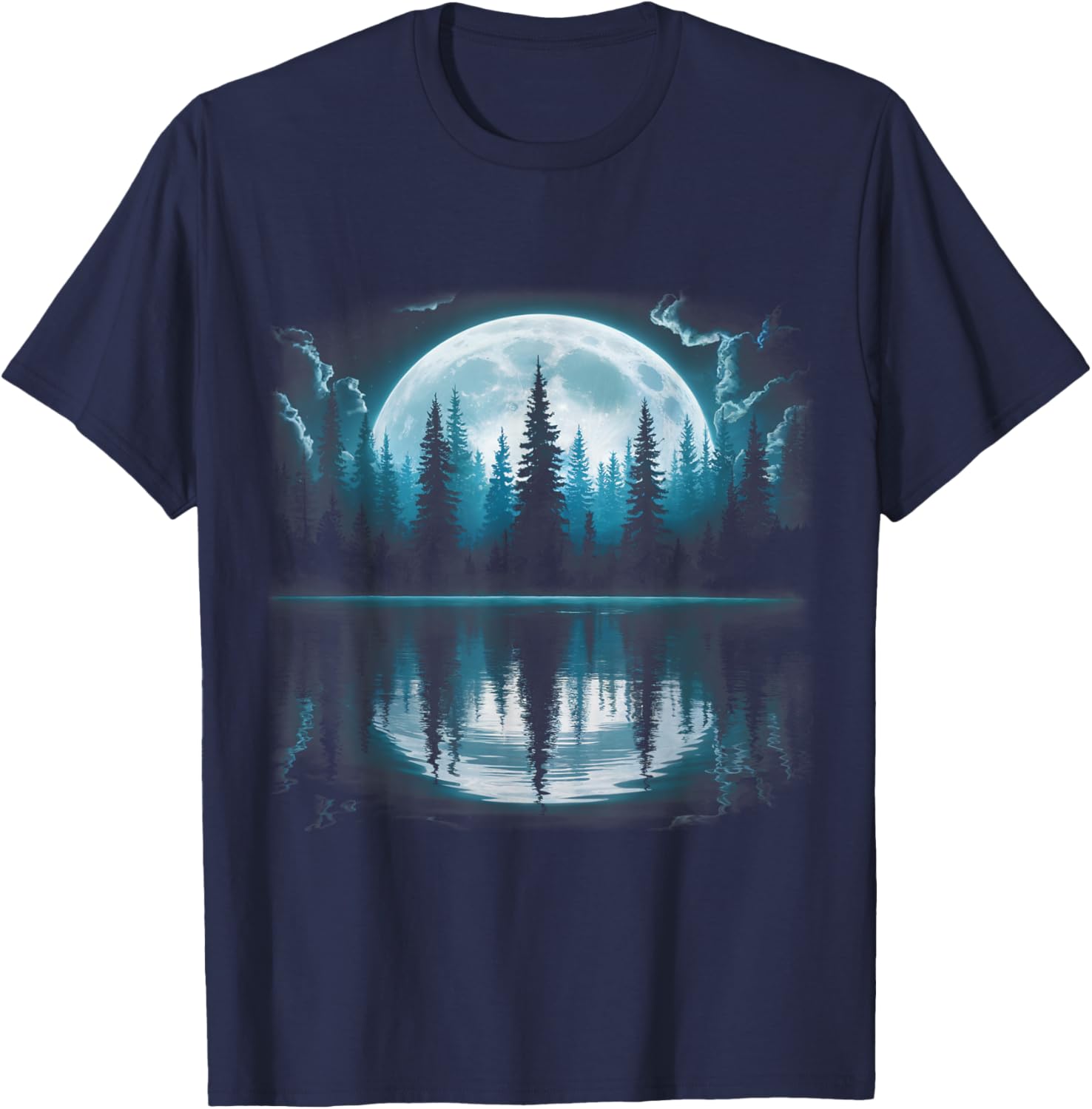 Full Moon Forest Trees Reflection Nature Outdoor Night Art T-Shirt - T-Shirt | Navy