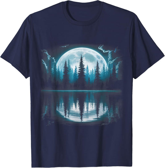 Full Moon Forest Trees Reflection Nature Outdoor Night Art T-Shirt - T-Shirt | Navy