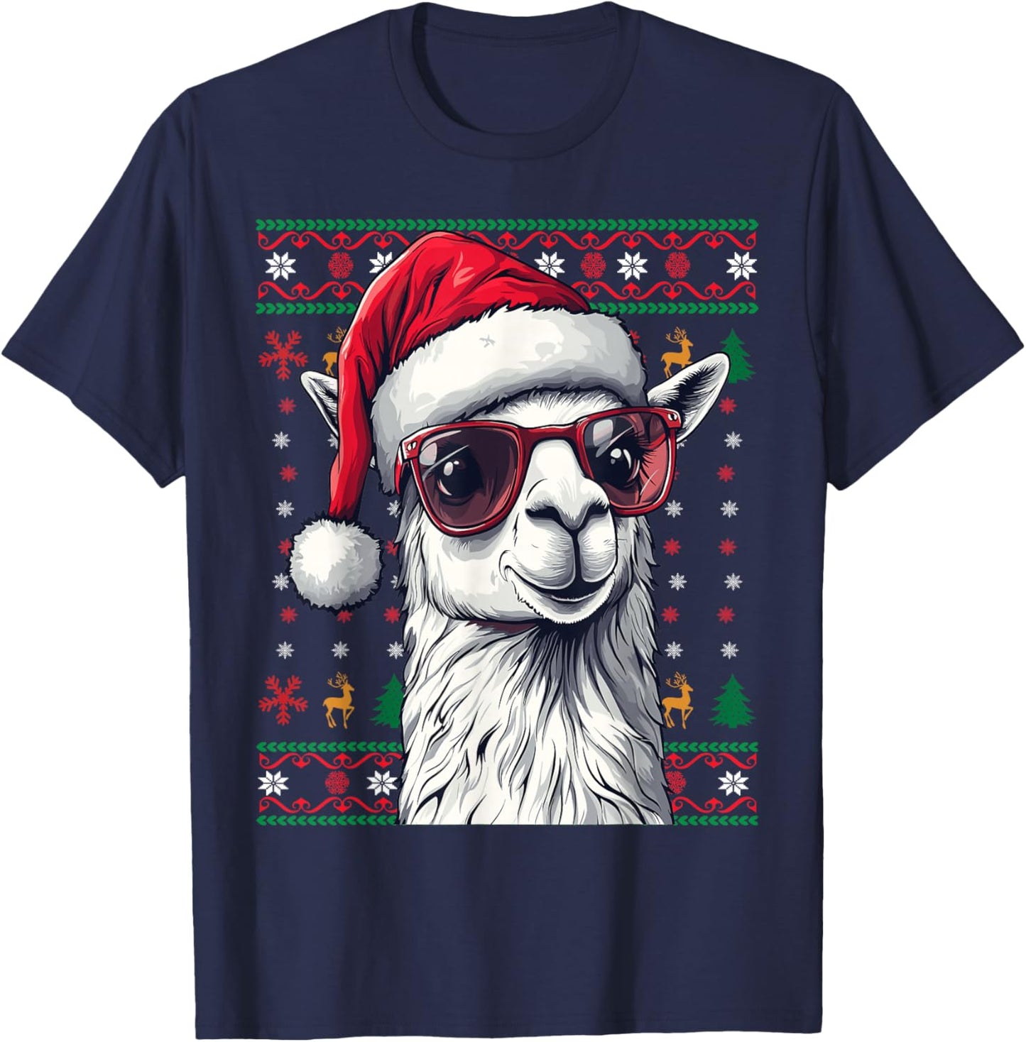 Llama Santa Hat Ugly Christmas Funny Holiday Llama Lover T-Shirt - T-Shirt | Navy