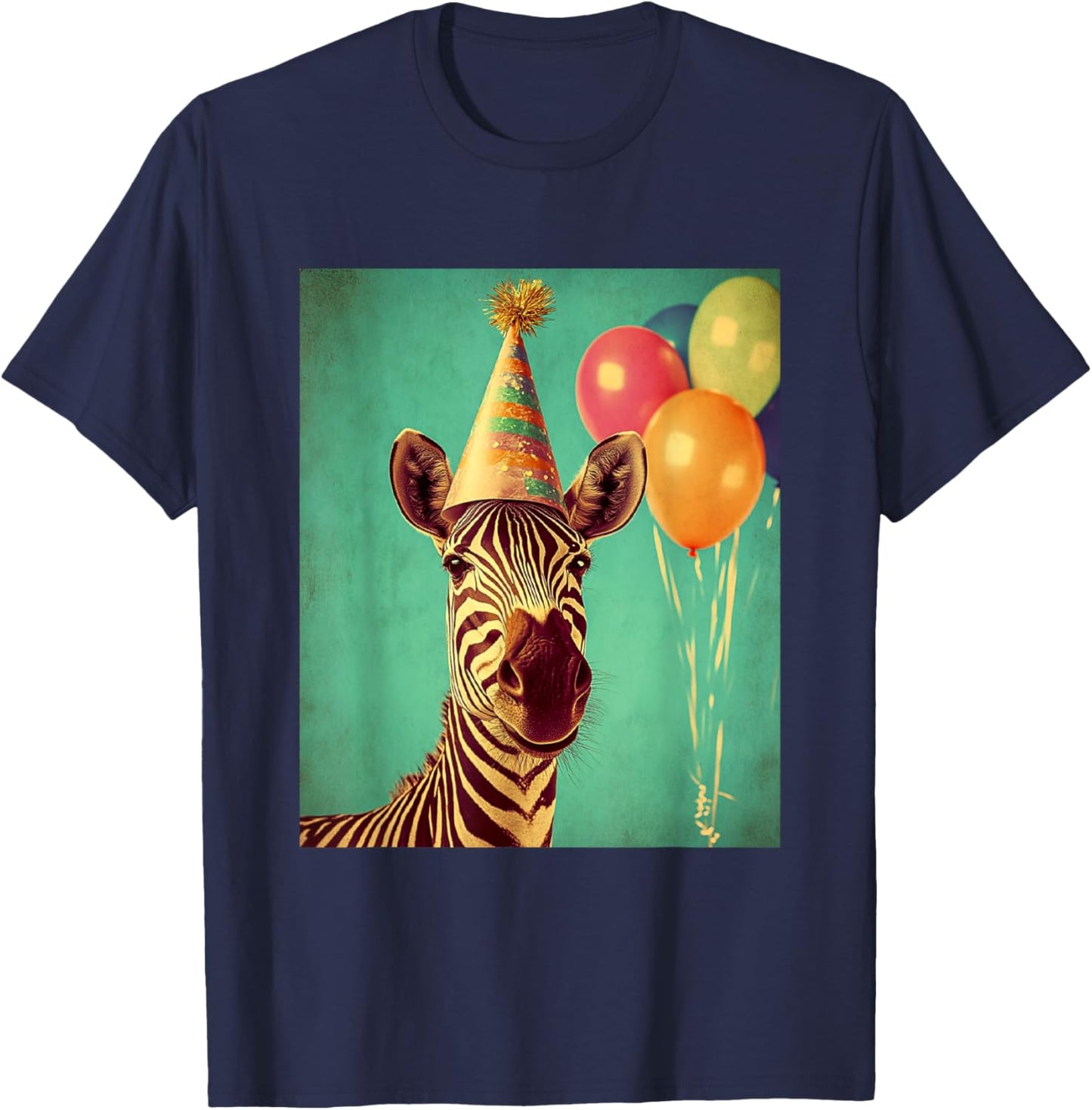 Zebra Retro Art Print Birthday Party Balloons & Party Hat T-Shirt - T-Shirt | Navy