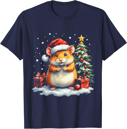 Cute Hamster with Santa Hat and Snow Holiday Christmas T-Shirt - T-Shirt | Navy