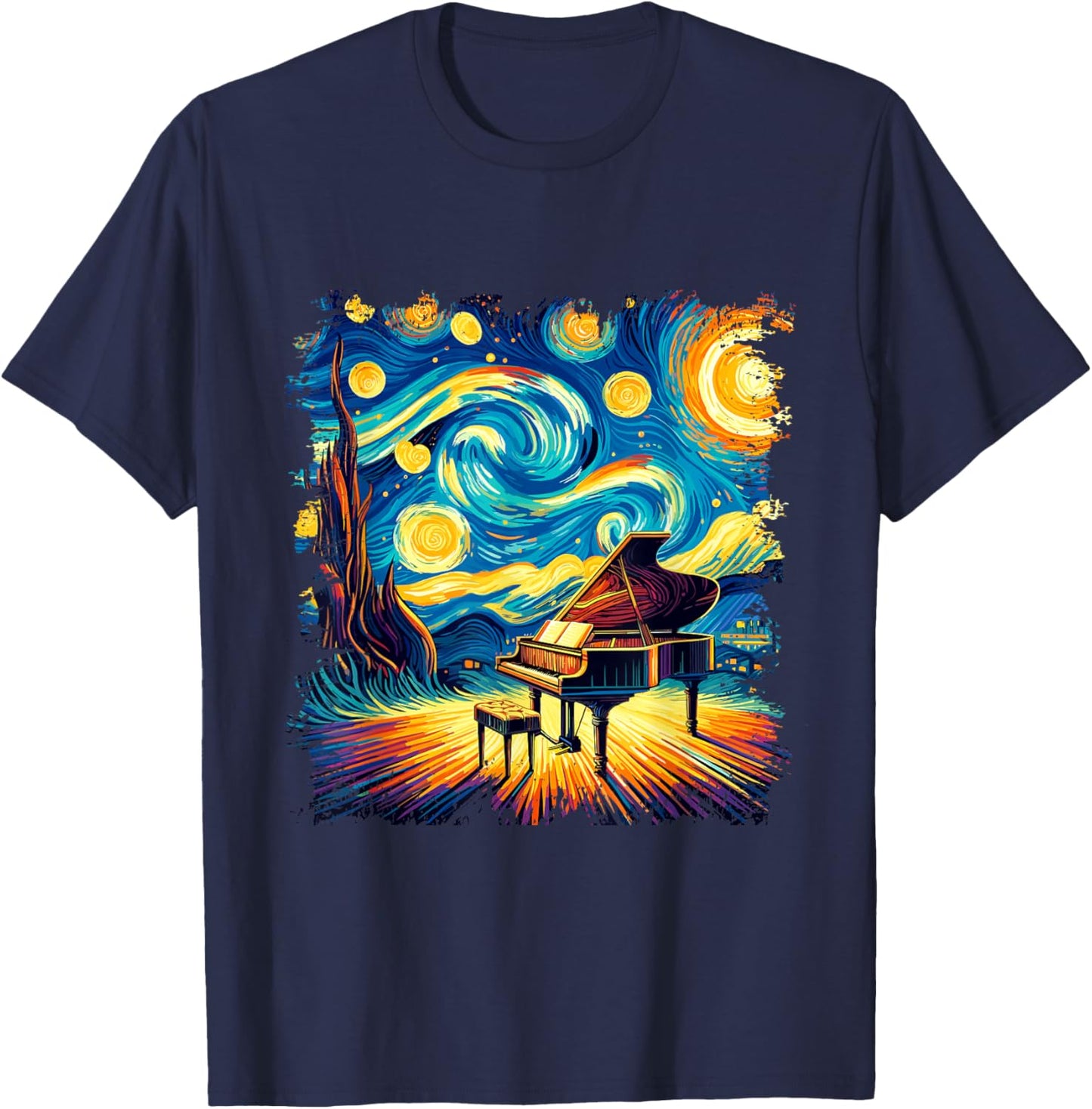 Classical Piano Starry Night Shirt Van Gogh Painting Pianist T-Shirt - T-Shirt | Navy