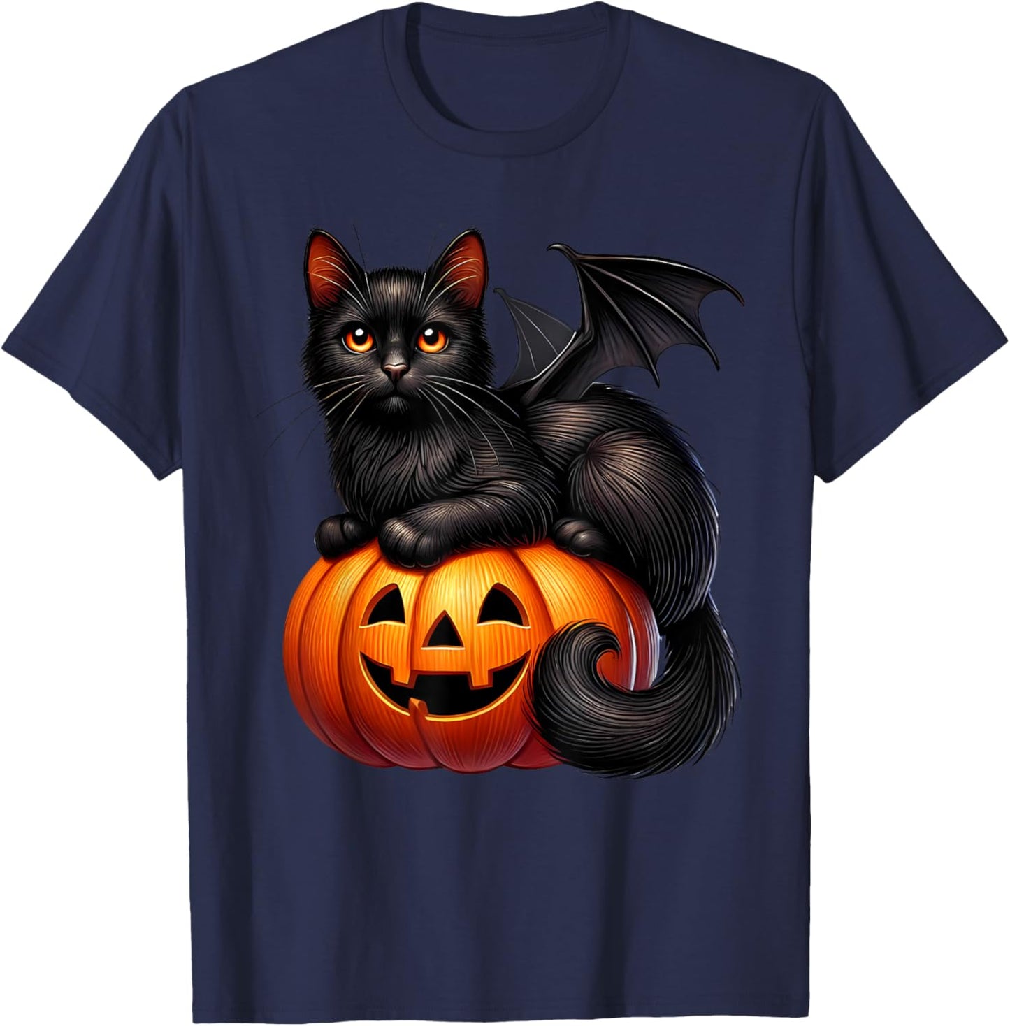 Black Cat With Bat Wings Jack O Lantern Pumpkin Kitty Spooky Women Kids T-Shirt - T-Shirt | Navy