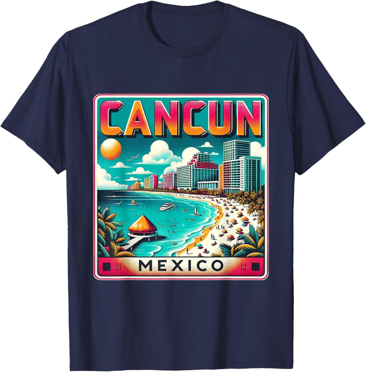 Cancun Mexico Shirt Family Trip Beach Vacation Retro City T-Shirt - T-Shirt | Navy