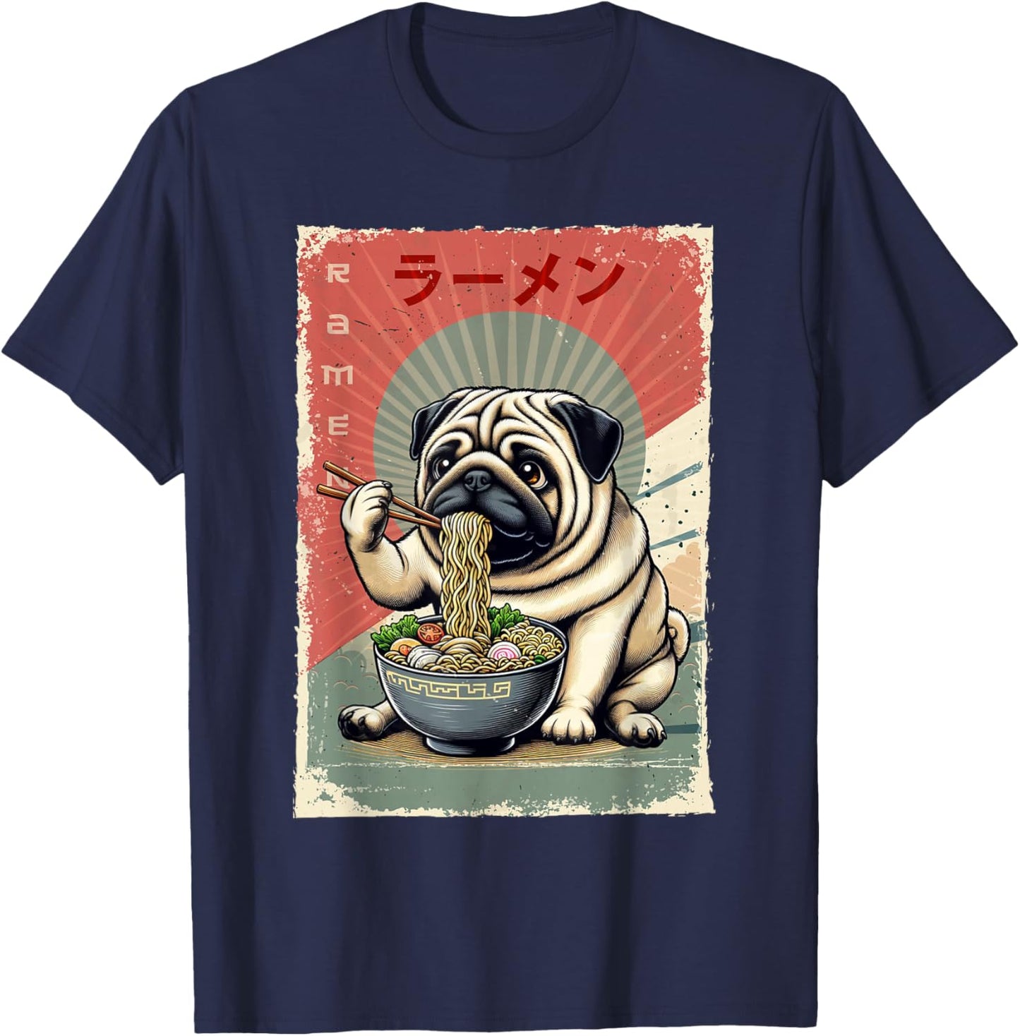 Pug Dog Eating Ramen Japanese Noodles Soup -Adults, -Kids Black Small Classic Fit Short Sleeve T-Shirt - T-Shirt | Navy