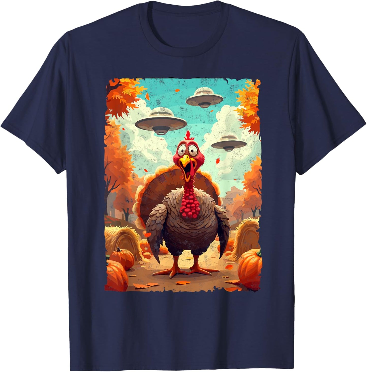 Autumn Fall Season Funny Turkey & UFO Thanksgiving Day Alien Believer T-Shirt - T-Shirt | Navy