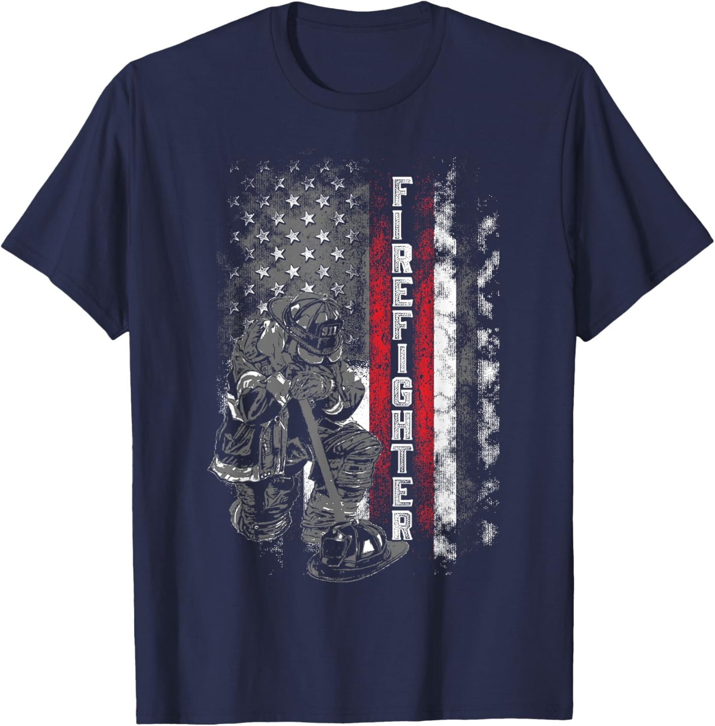 Fallen Fireman American Flag Thin Red Line Firefighter T-Shirt - T-Shirt | Navy