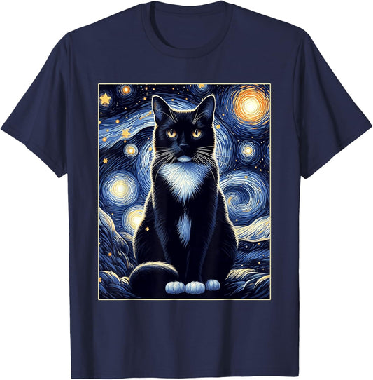 Tuxedo Cat Starry Night Shirt Van Gogh Painting Cat Lover T-Shirt - T-Shirt | Navy