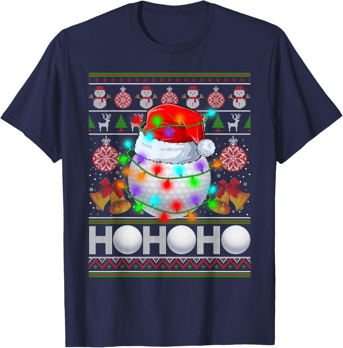 Santa Claus Golf Ball Xmas Tree Light Ugly Christmas Sweater T-Shirt - T-Shirt | Navy