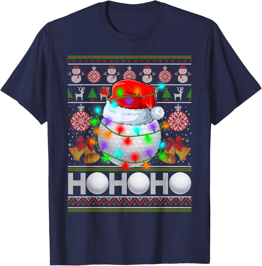 Santa Claus Golf Ball Xmas Tree Light Ugly Christmas Sweater T-Shirt - T-Shirt | Navy