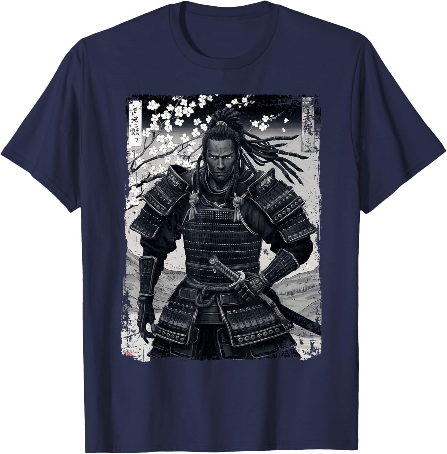 Black Afro African Japanese Style Yasuke Samurai T-Shirt - T-Shirt | Navy