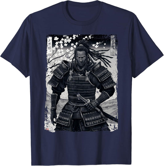 Black Afro African Japanese Style Yasuke Samurai T-Shirt - T-Shirt | Navy