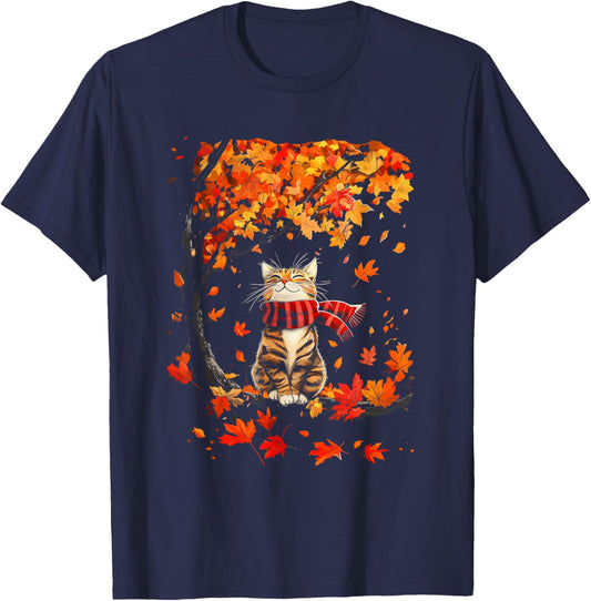 It's Fall Y'all Thanksgiving Cat Leaf Fall Tree Hello Autumn T-Shirt - T-Shirt | Navy