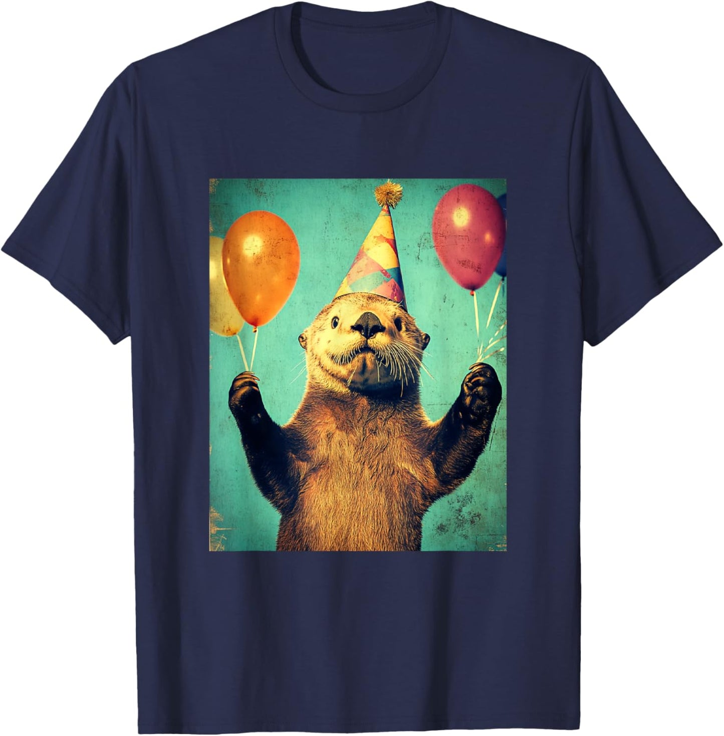 Sea Otter Retro Art Print Birthday Party Balloons & Hat T-Shirt - T-Shirt | Navy