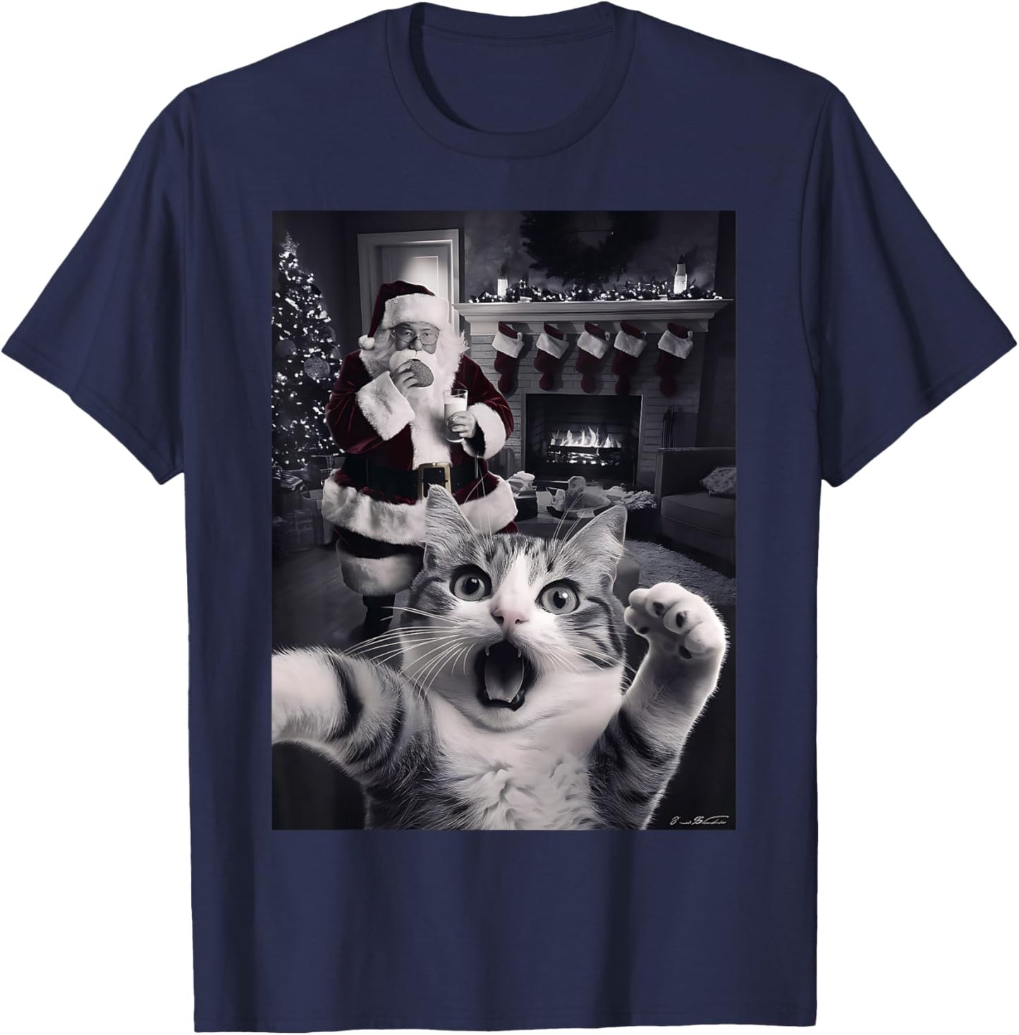 Funny Cat Selfie With Santa Christmas T-Shirt - T-Shirt | Navy