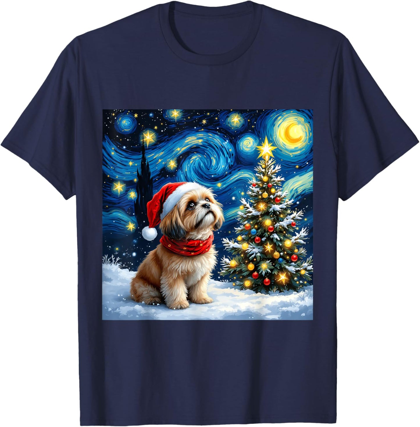 Shih Tzu Starry Night Christmas Van Gogh Dog Santa Hat T-Shirt - T-Shirt | Navy
