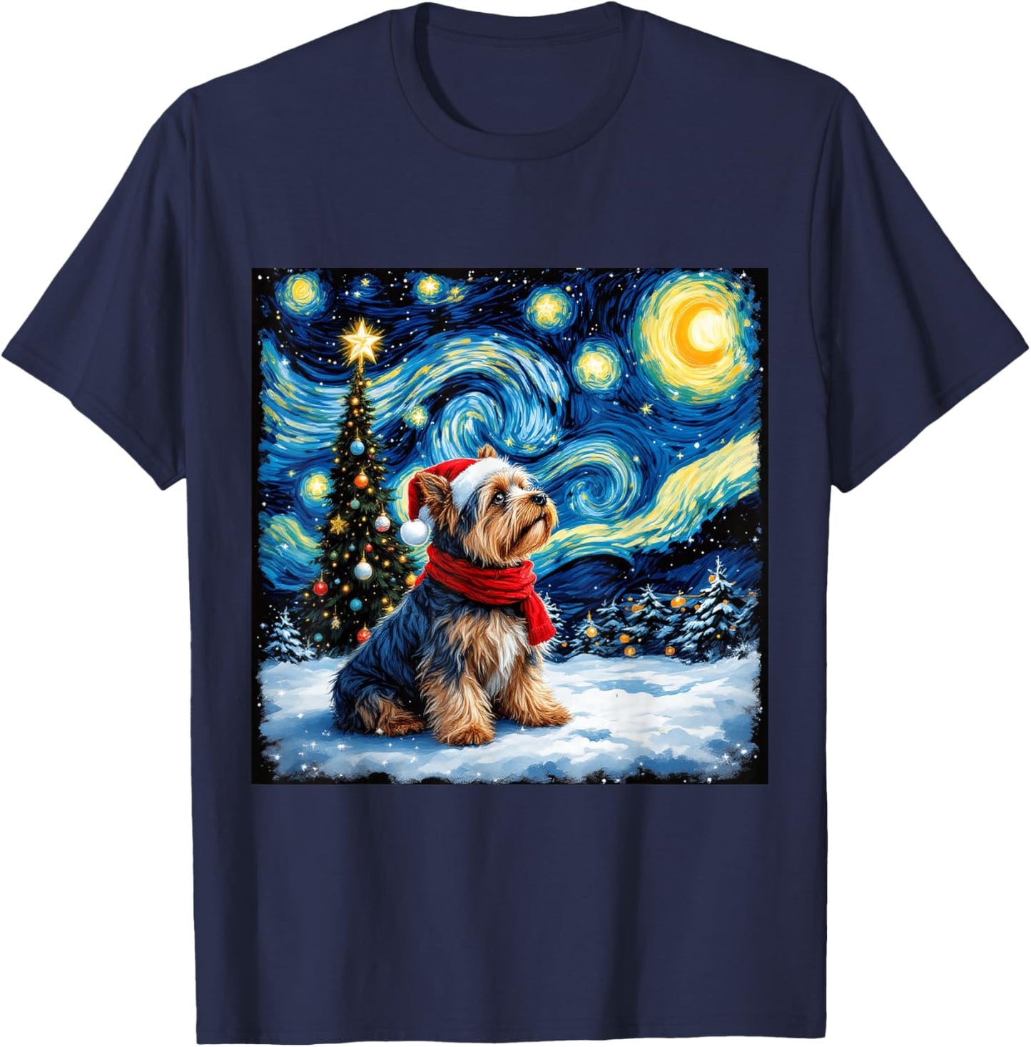 Yorkshire Terrier Starry Night Christmas Van Gogh Dog Santa T-Shirt - T-Shirt | Navy