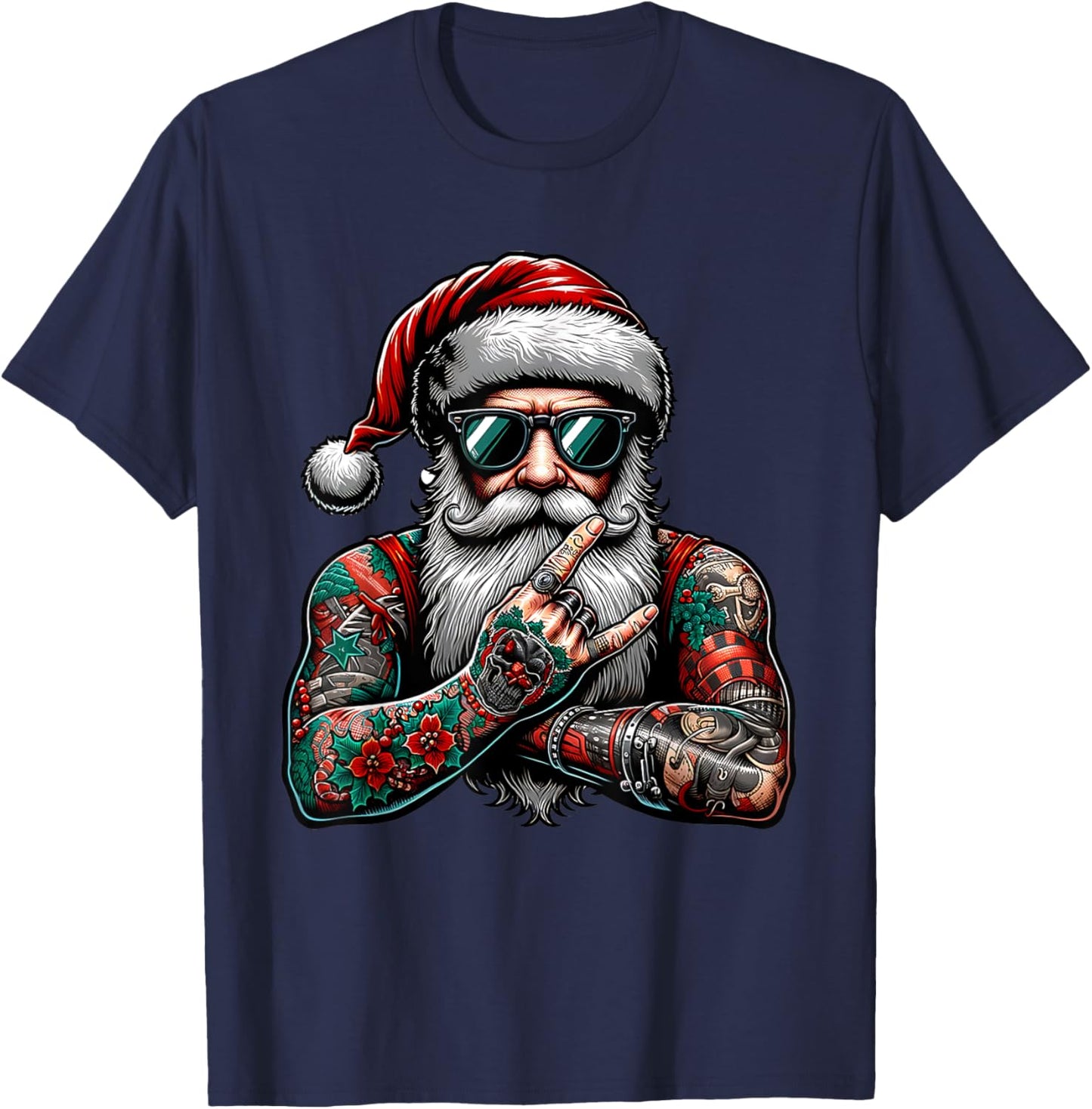 Tattooed Santa Claus inked xmas men & women ugly Christmas T-Shirt - T-Shirt | Navy