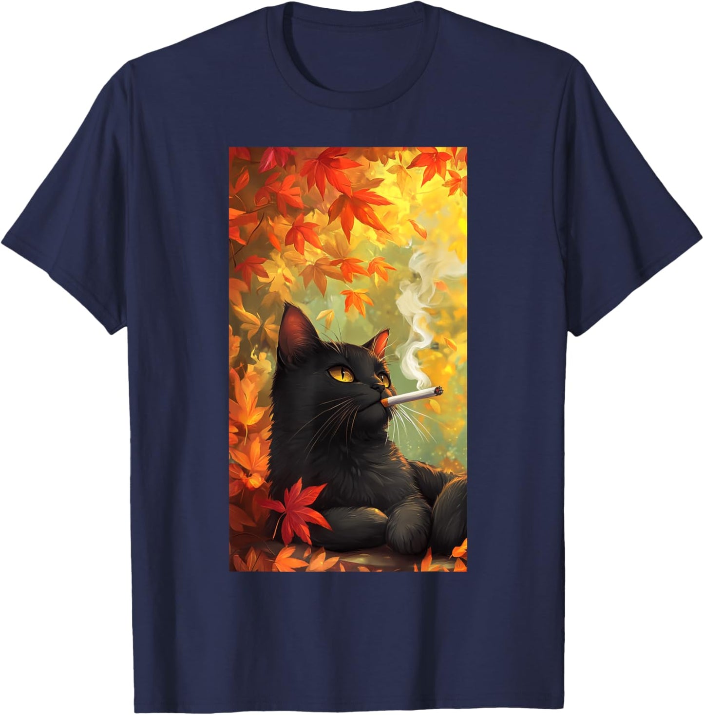 Cat Relaxing Cigarette Autumn leaves Smoking cat Men Women T-Shirt - T-Shirt | Navy