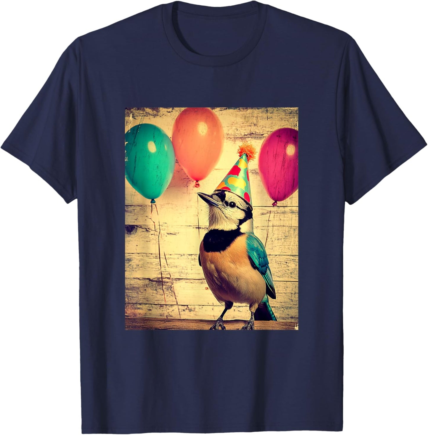 Blue Jay Retro Art Print Birthday Party Balloons & Party Hat T-Shirt - T-Shirt | Navy