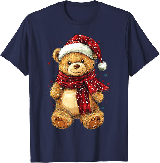 Teddy Bear Wearing Christmas Hat and Scarf Cute Bear T-Shirt - T-Shirt | Navy