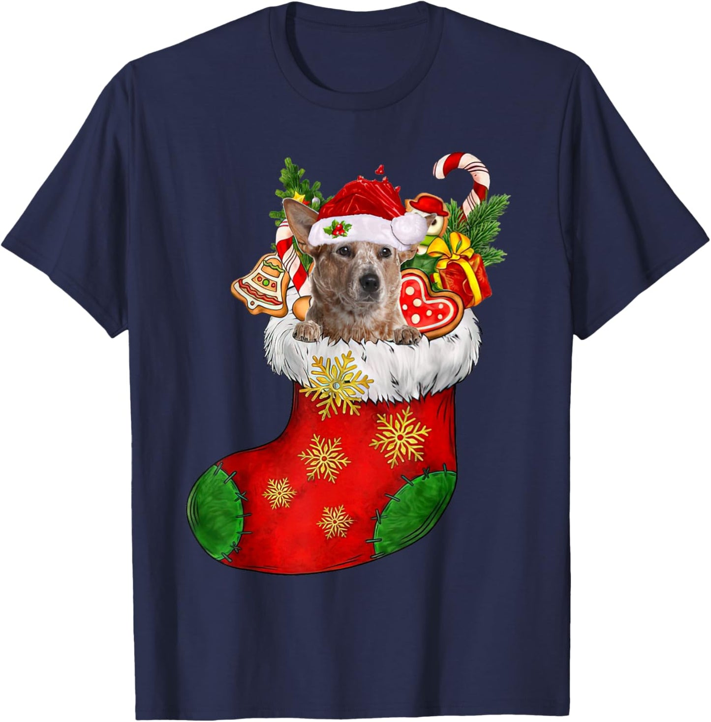 RED Heeler In Sock Christmas Santa Hat Xmas Dog Lover Women T-Shirt - T-Shirt | Navy