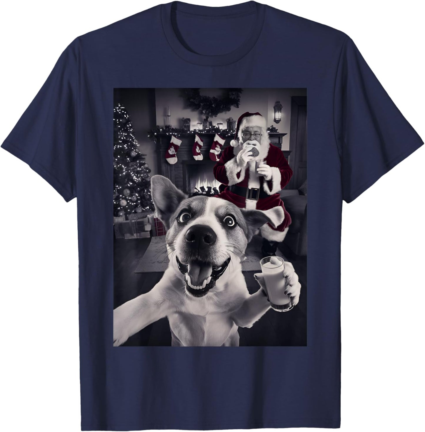 Funny Cat Selfie With Santa Christmas T-Shirt - T-Shirt | Navy