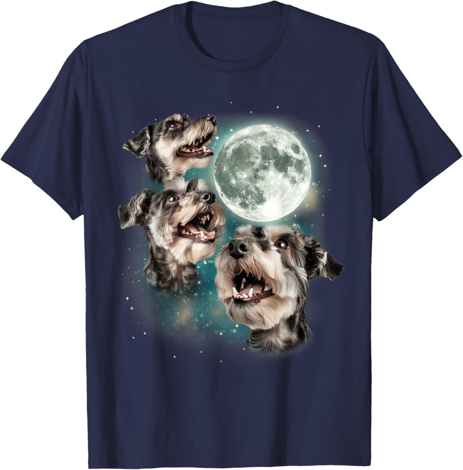 Three Mini Schnauzers Moon | 3 Howling Dog Meme Pet Lover T-Shirt - T-Shirt | Navy