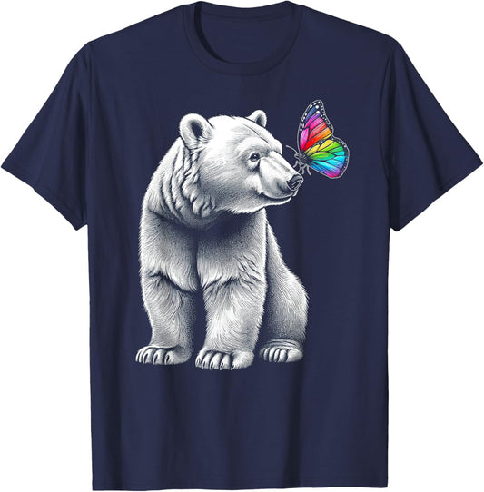 Bear Baby Wildlife Colorful Butterfly Grizzly Bear Artwork T-Shirt - T-Shirt | Navy