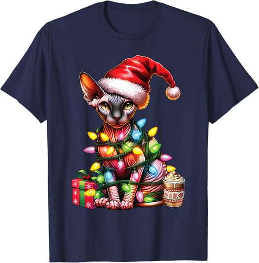 Pet Animal Lovers Cute Sphynx cat Reindeer Antlers Christmas Women Kids T-Shirt - T-Shirt | Navy