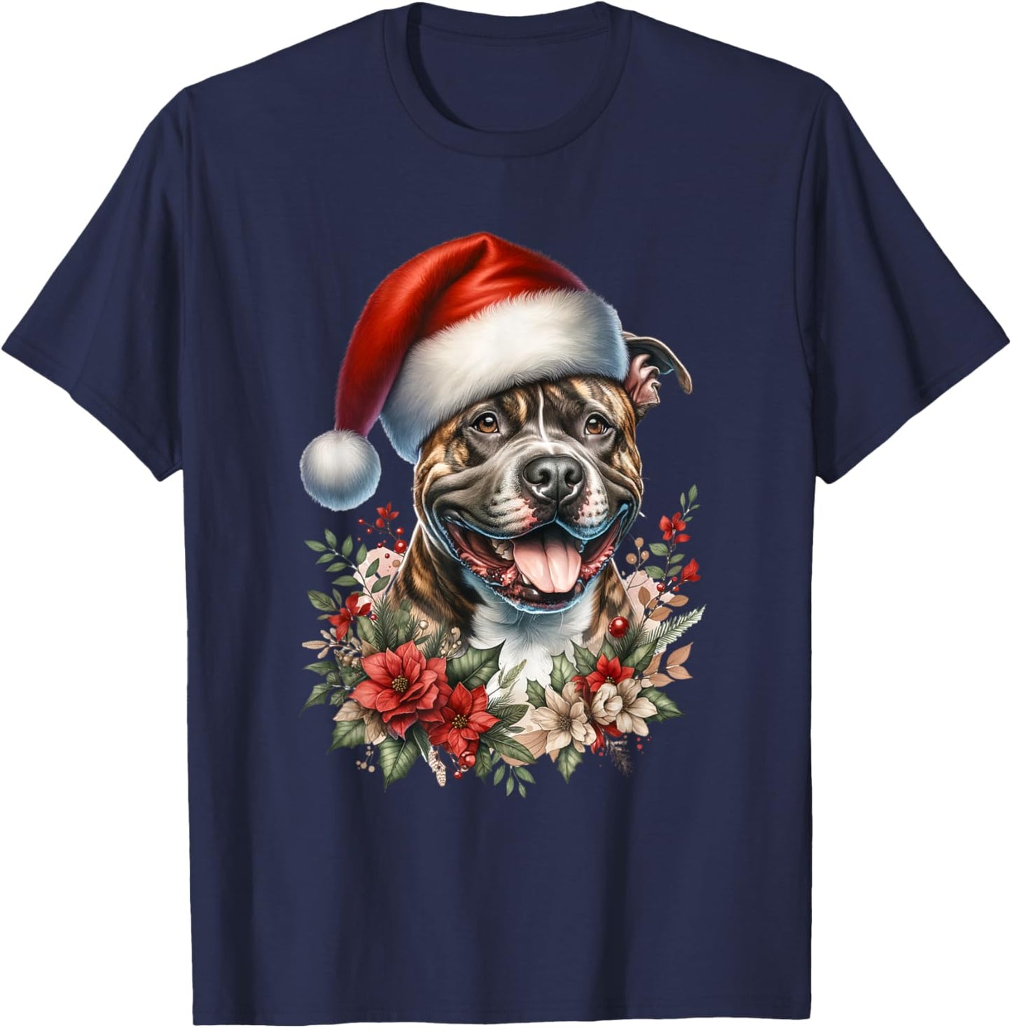 Christmas Brindle Pitbull Pit Dog Bully Watercolor Artwork T-Shirt - T-Shirt | Navy