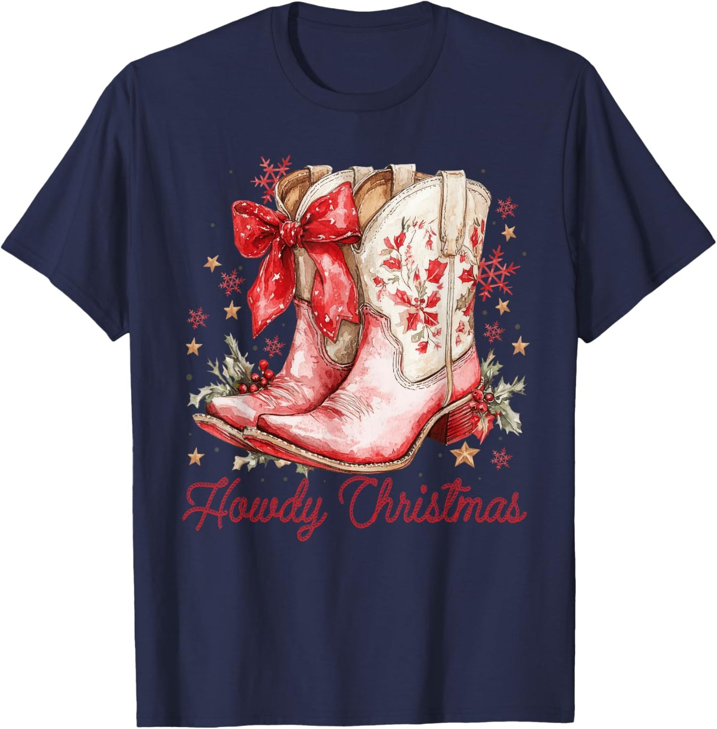 Western Howdy Christmas Cowgirl Boot Coquette Bow Christmas T-Shirt - T-Shirt | Navy