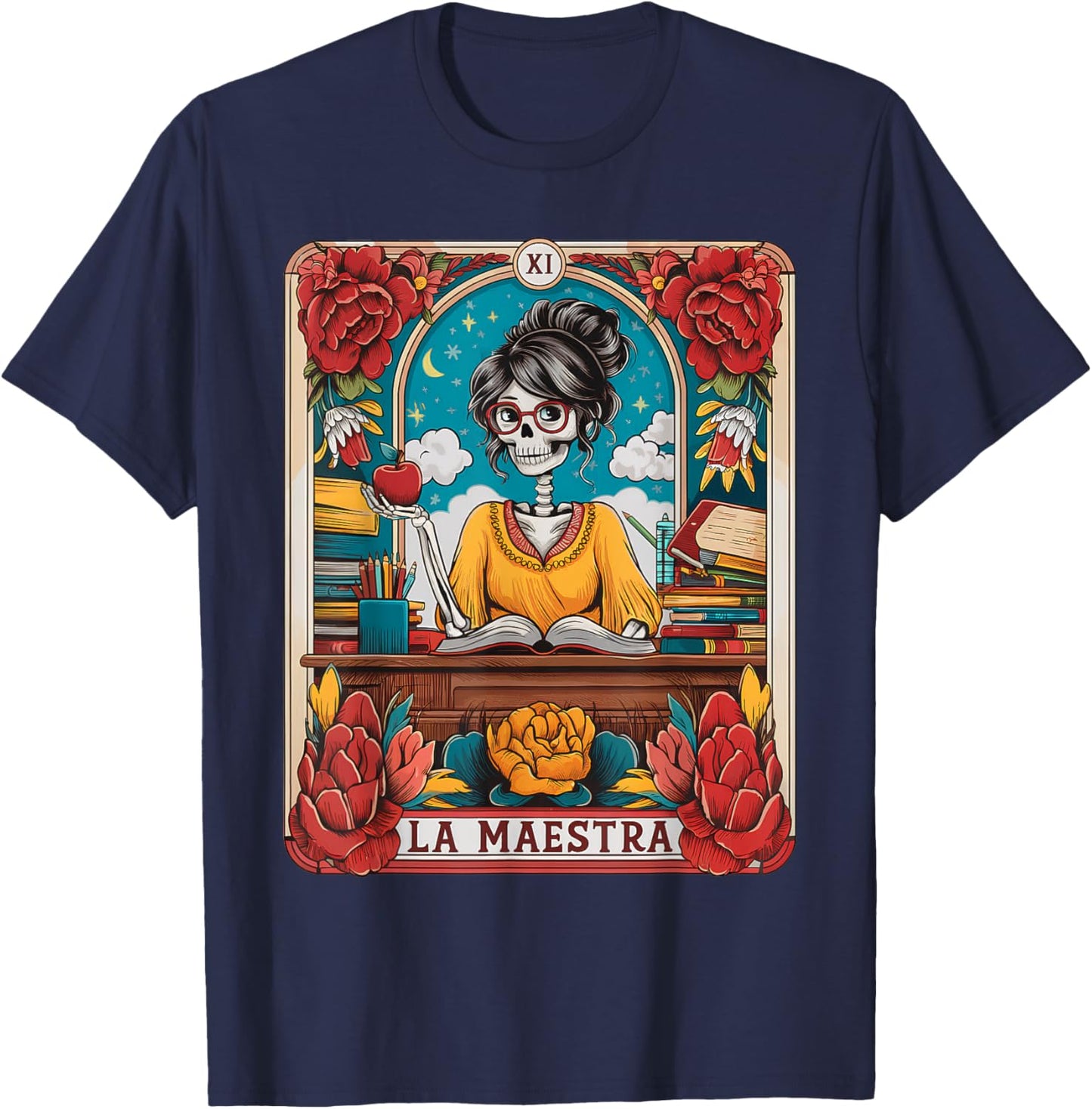 La Maestra Tarot Card Funny Spanish Teacher Mexican Skeleton T-Shirt - T-Shirt | Navy