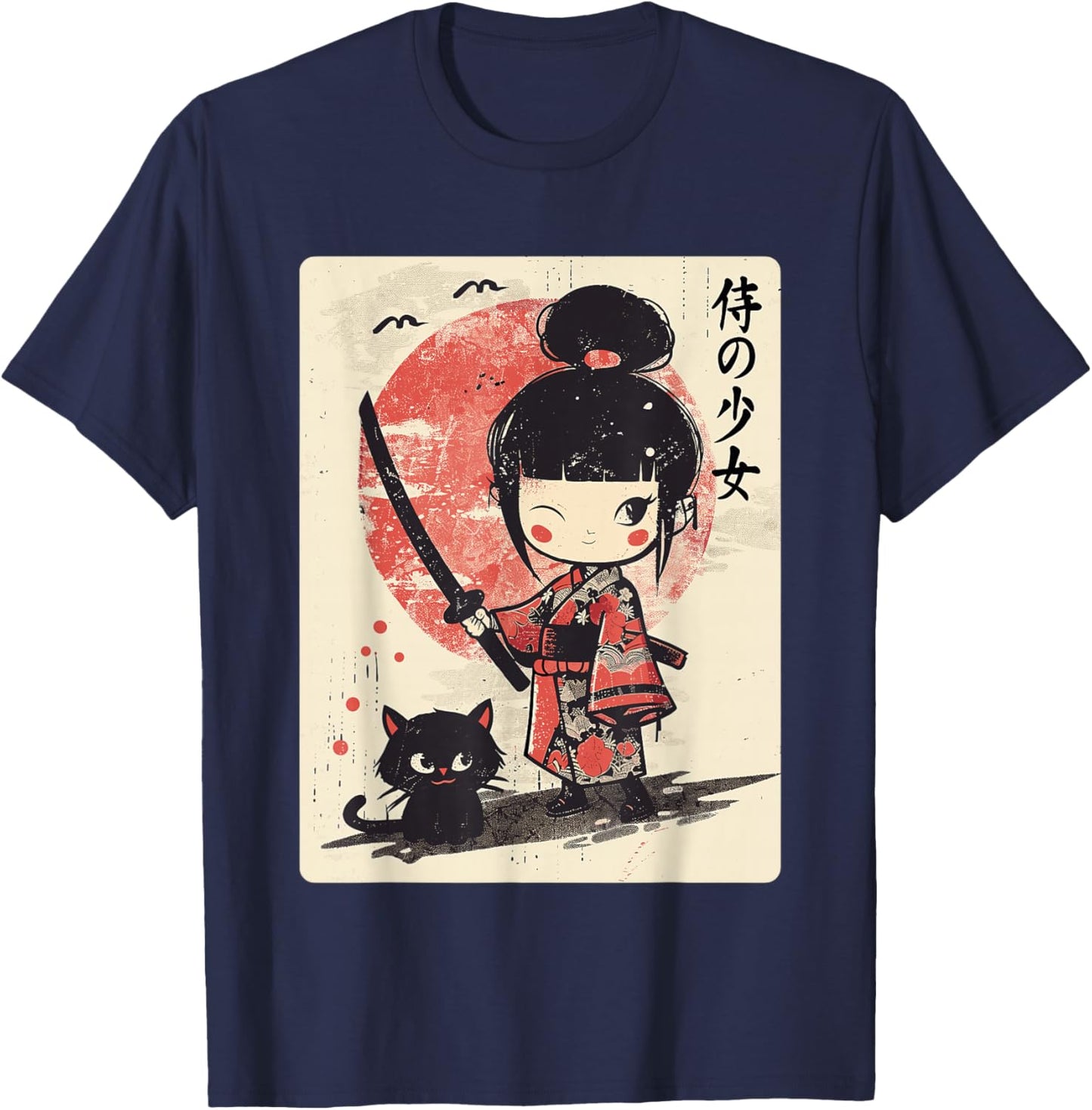 Cute Kawaii Samurai Girl with Katana & Cat Japanese Anime T-Shirt - T-Shirt | Navy