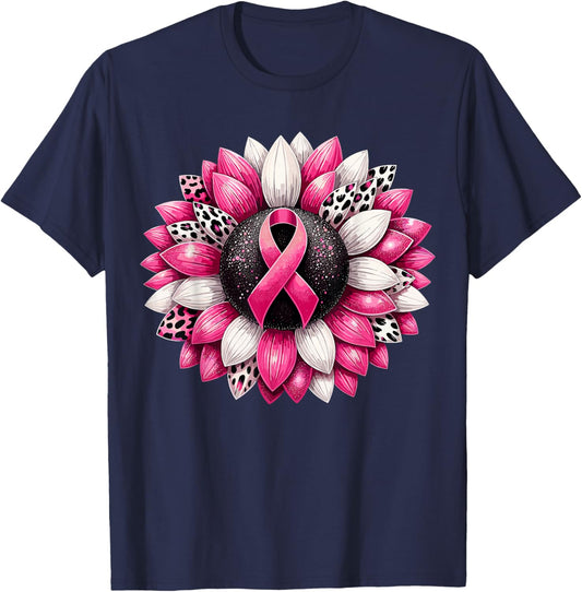 Sunflower Pink Breast Cancer Awareness T-Shirt - T-Shirt | Navy