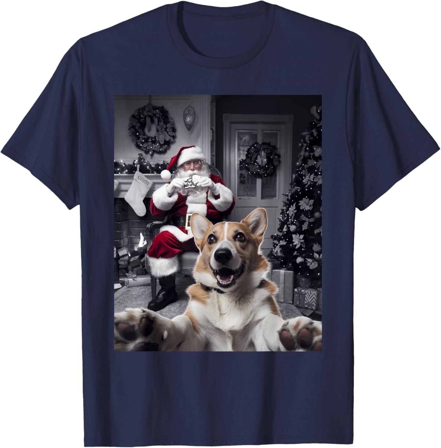 Christmas Funny Corgi Dog Selfie with Santa Claus Holiday T-Shirt - T-Shirt | Navy