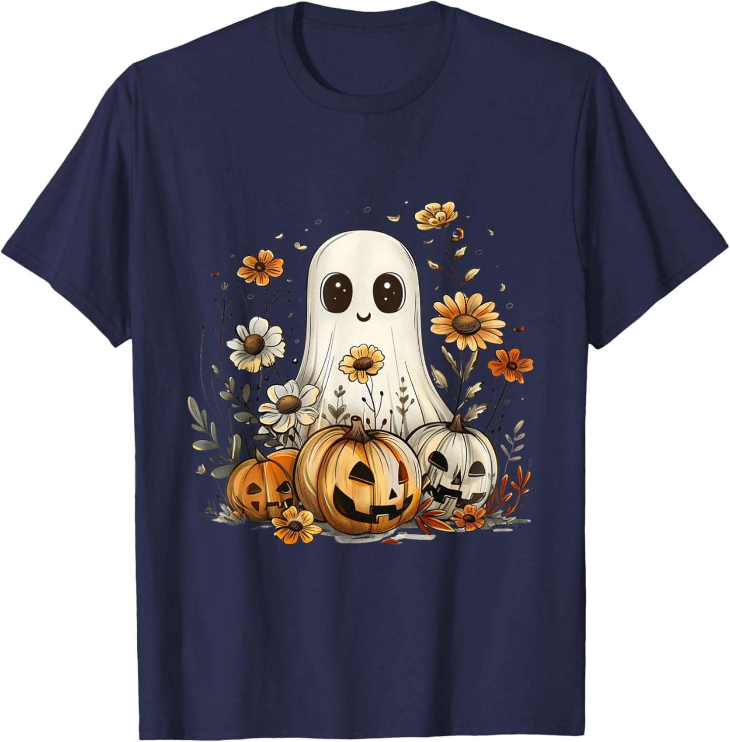 Cute Boho Flower Ghost Pumpkin Halloween Party Ghost Costume T-Shirt - T-Shirt | Navy