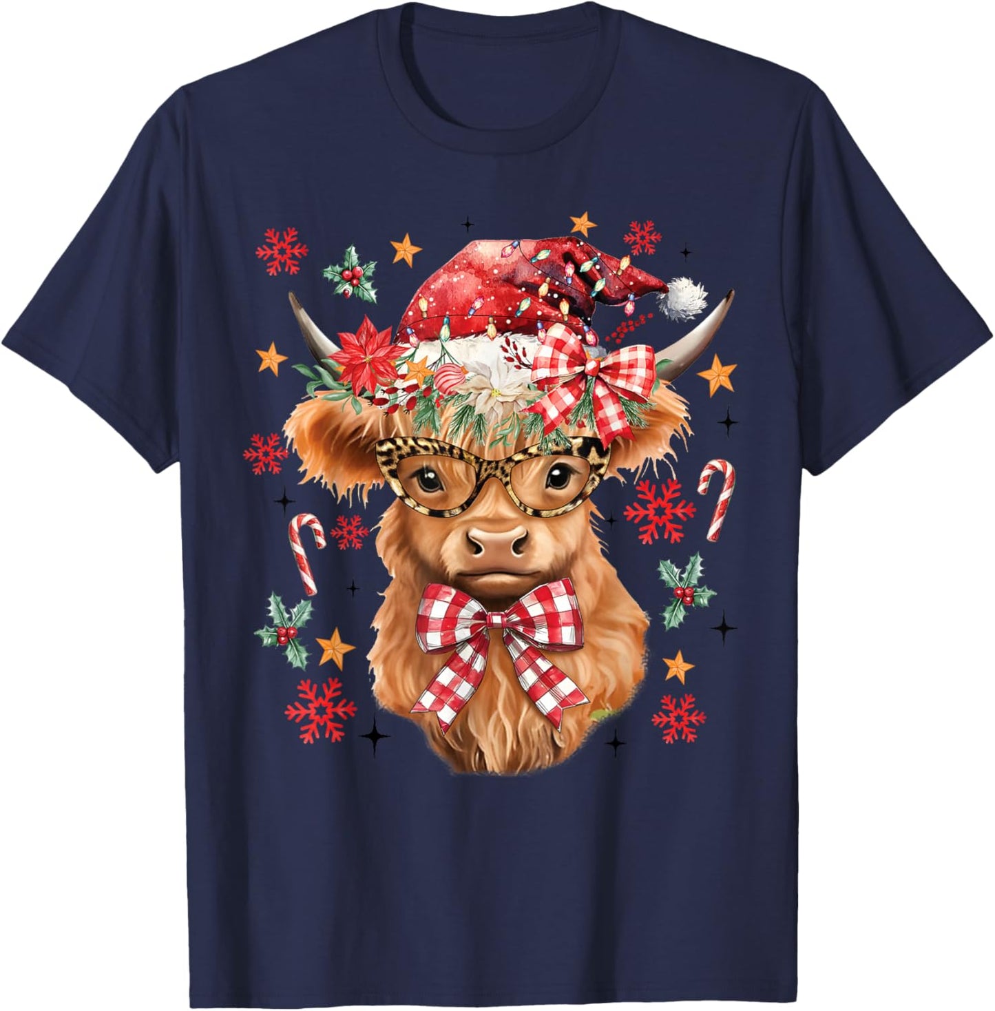 Western Highland Cow Lover Coquette Bow Merry Christmas T-Shirt - T-Shirt | Navy