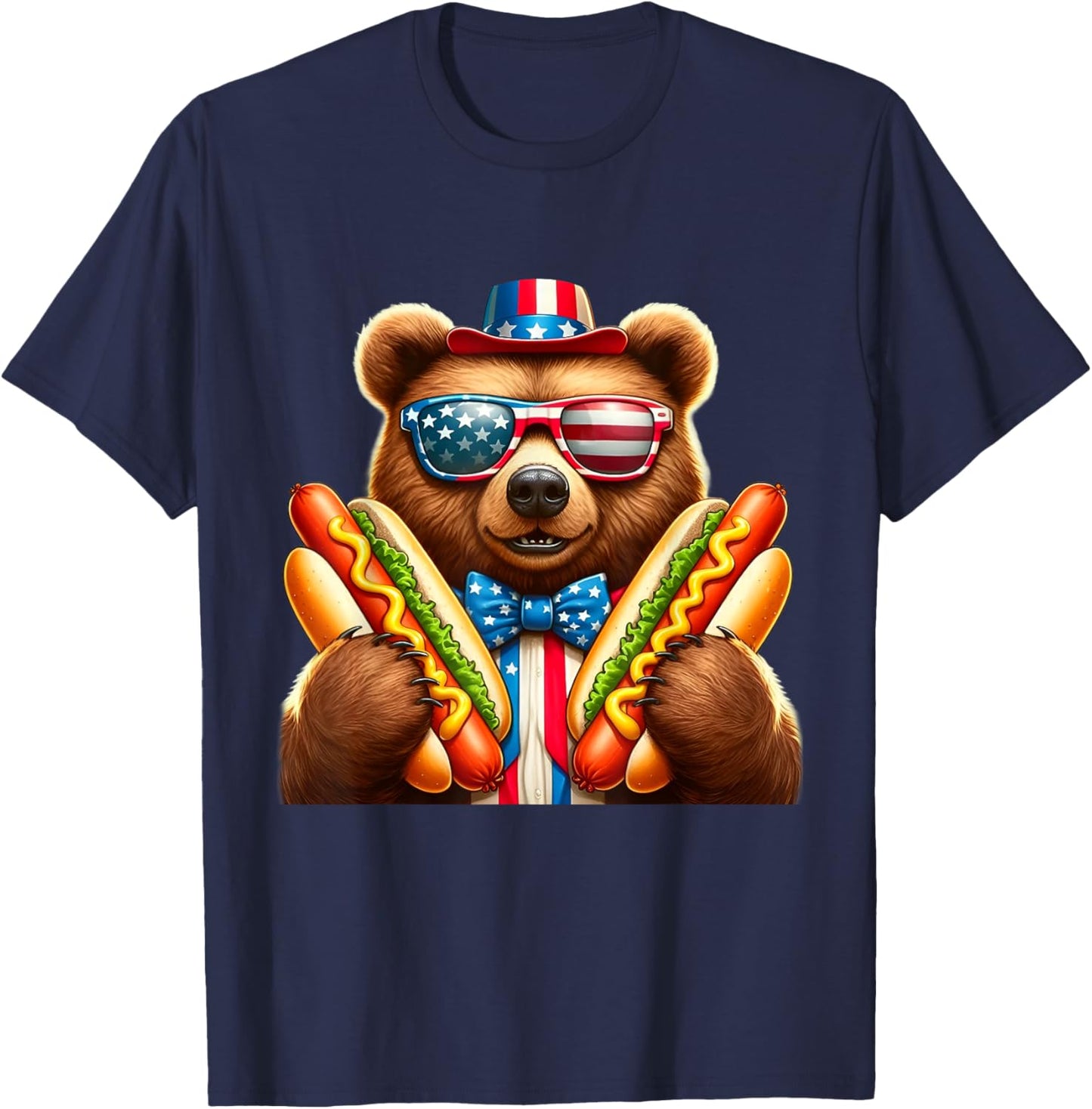 Hotdog Bear Funny Patriotic Bear USA Flag Wiener 4th of july T-Shirt - T-Shirt | Navy