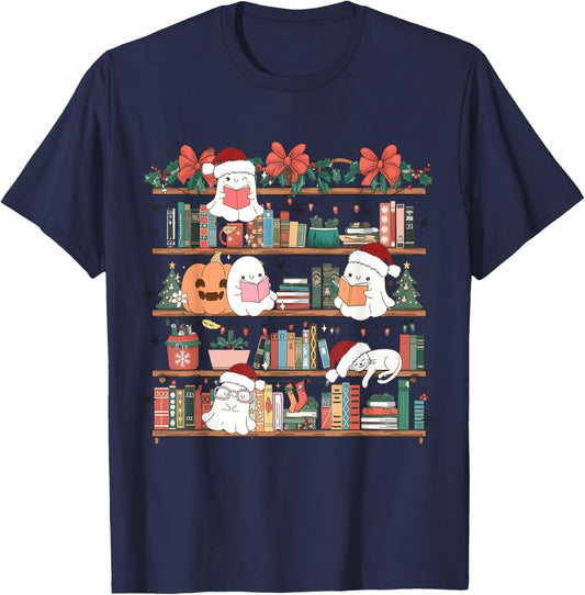 Ghost Christmas Reading Book Lover Library Christmas Teacher T-Shirt - T-Shirt | Navy
