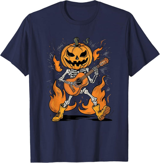 Rock Skeleton Halloween Funny Music Guitar Men Women Kids T-Shirt - T-Shirt | Navy